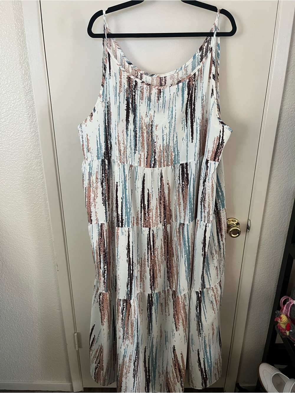 SHEIN White Tiered Maxi Dress with Blue & Brown Brushstroke Print